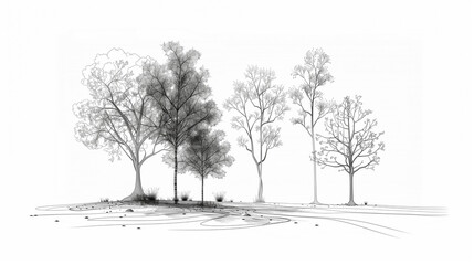 minimalistic black and white line drawing of various trees on a landscape with delicate and intricate details