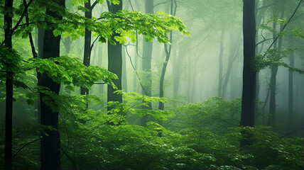 Wall Mural - misty landscape in a fresh green spring forest, trunks of green trees in the mist of the forest morn
