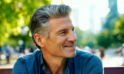 Canvas Print - Portrait of a handsome mature man sitting on a bench in the park