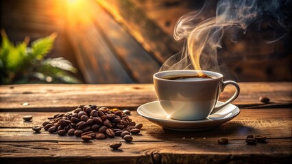 Wall Mural - Aromatic steam rises from a cup of freshly brewed coffee sitting on a rustic wooden table amidst warm morning light.