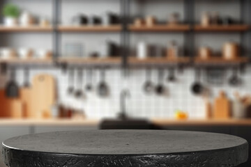 Wall Mural - black empty kitchen table with space for products. blurred kitchen wall with shelves and kitchen ute