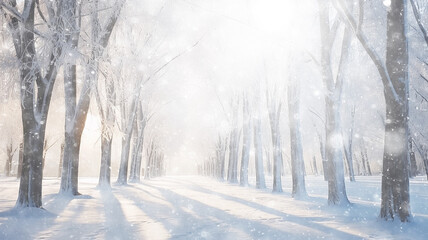 Wall Mural - winter alley of trees, snowfall in the morning misty park, winter landscape, seasonal abstract blurred background copy space