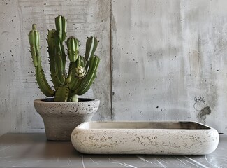 Cactuses in pots on a gray concrete wall background.