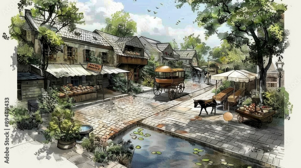 Traditional Town Rendering Historical village: beautifully illustrated ancient town, cobblestone ...