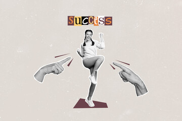 Wall Mural - Composite photo collage of happy girl show fist gesture win success opportunity goal achievement victory isolated on painted background