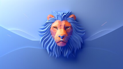 Wall Mural - A 3d rendering of a lion's face with blue and orange colors, AI