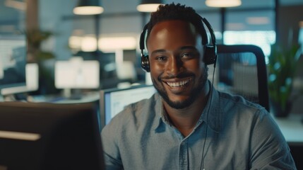 Wall Mural - One joyful young african american male contact center telemarketing agent using a headset in an office. Friendly, confident businessman consultant running a customer care helpdesk.