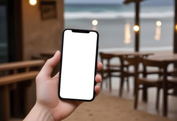 Cell phone white screen mockup, Woman hand holding mobile phone with blank screen while working at coffee shop. Business woman using smartphone, mockup for social media marketing