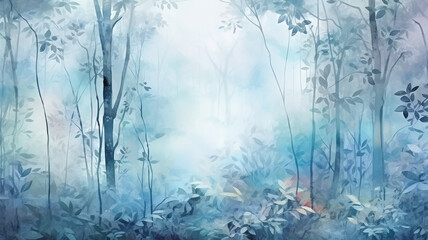 Wall Mural - watercolor background light green blue and white shades rainforest in the rainy season, abstract background