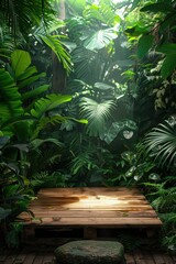 Tranquil Wooden Platform Surrounded by Lush Green Tropical Foliage in Sunlit Jungle Setting