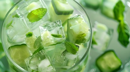 Canvas Print - Ice cubes with pieces of cucumber and mint picture