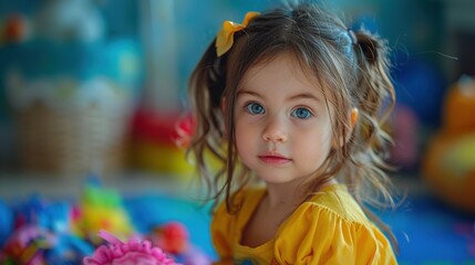 Wall Mural - A young girl with blue eyes and yellow hair is sitting on the floor