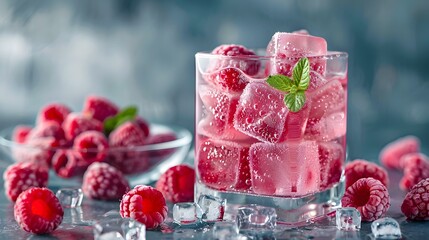 Poster - Cubes with raspberries frozen inside served picture