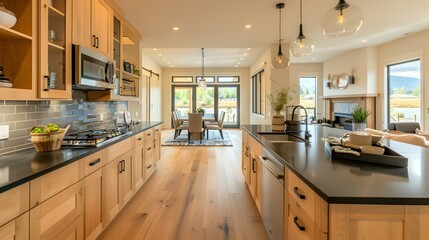 Poster - The open plan kitchen features light wood cabinets picture