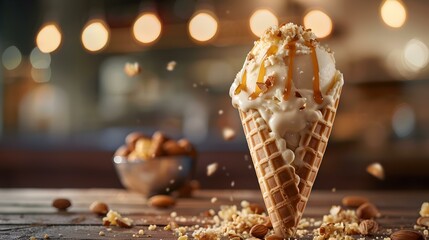 Wall Mural - Almond ice cream served in a waffle cone img