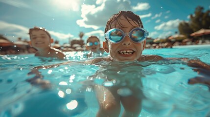 Kids with goggles swimming happily in refreshing pool