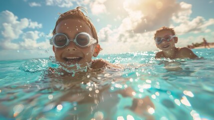 Two children wearing goggles swimming in blue water.