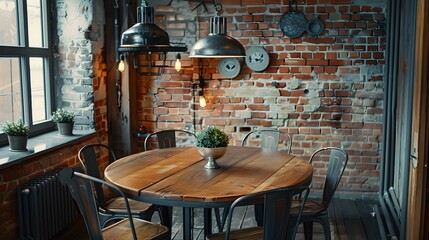 Wall Mural - Dining area with a round wooden table img