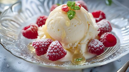 Wall Mural - Ice cream served in a glass plate image