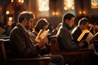 © Larisa - People reading in church lit by sunlight, focus on foreground