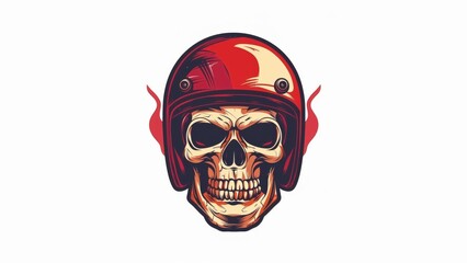 Wall Mural - skull logo, wearing helmet, cute , soft, piston engine at back skull, simple face, plain, minimalist white background