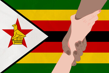 Wall Mural - Helping hand against the Zimbabwe flag. The concept of support. Two hands taking each other. A helping hand for those injured in the fighting, lend a hand