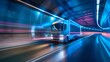 © Palung - Truck bus electric car of the future rides on the road in the tunnel, eco clean environment without harmful waste, neon light at night in the tunnel, long exposure. Sustainable development goals, SDGs