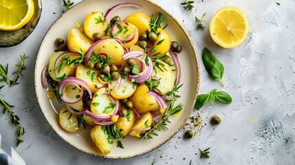 Wall Mural - Salad with boiled potatoes red onions herbs img