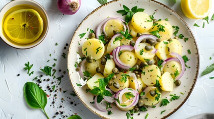 Wall Mural - Salad with boiled potatoes red onions herbs image