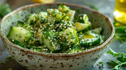 Wall Mural - Salad with chopped cucumbers herbs and sesame seeds picture