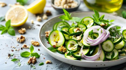 Wall Mural - Salad with chopped zucchini red onion herbs picture