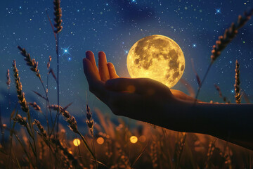 Wall Mural - the moon is in the hands of a man. astrology, how the position of the moon affects life. zodiac sign
