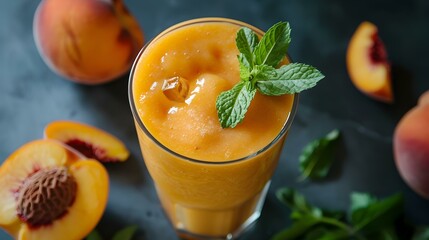 Canvas Print - Peach smoothie poured into a glass glass garnished