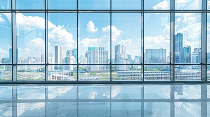 Wall Mural - Background image of clear daylight view of modern skyline through large windows Window view of cityscape wit blue sky background Sunny day photography Travel and urban architecture concept AIGT2