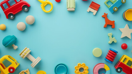 Plastic and wooden kids toys arranged in a frame on a light blue background with blank space for text. Kids toys background banner, panorama. Top view, flat lay.