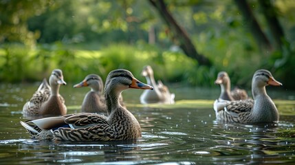 Wall Mural - Ducks swimming in a pond on a farm picture