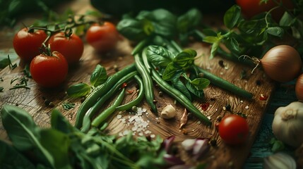 Sticker - Green beans are laid out on a wooden img