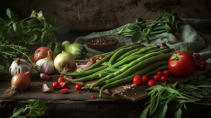 Wall Mural - Green beans are laid out on a wooden picture