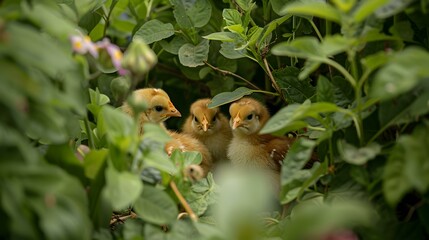 Canvas Print - Chickens hiding under the leaves of a large image