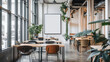 © AI_images_for_people - An empty poster frame in a modern co-working space, with communal tables, comfortable seating, and trendy dÃ©cor elements like exposed pipes and hanging plants.