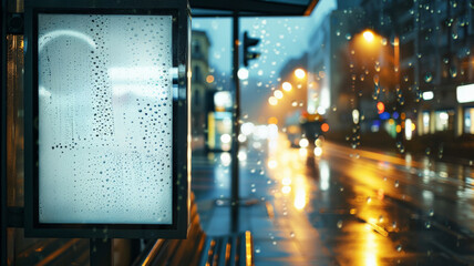 An empty poster frame on a bus stop shelter on a rainy day, with raindrops on the glass and reflections of city lights.