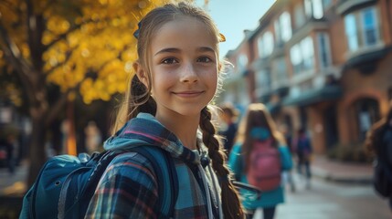 Wall Mural - A girl with a backpack and a smile on her face