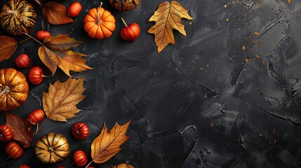 Sticker - Stylish autumn background with golden leaves and pumpkins top view with space for text