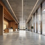 Concrete Hall. Ultra Modern Office Coworking Hall with Polished Concrete Floors and Wood Accents