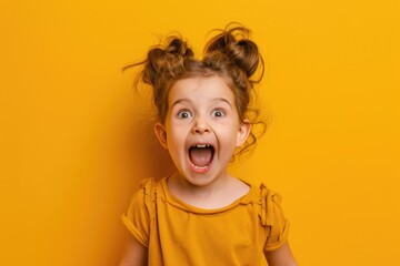 Child Excited. Portrait of Beautiful Brown-eyed Girl with Open Mouth Expression on Yellow Background