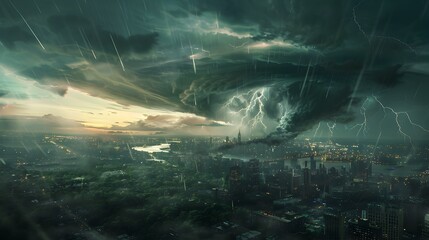 Wall Mural - A thunderstorm looms over the city dark clouds