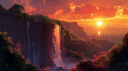 Wall Mural - Sunset behind the waterfall as the sun slowly image