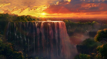 Wall Mural - Sunset behind the waterfall as the sun slowly picture