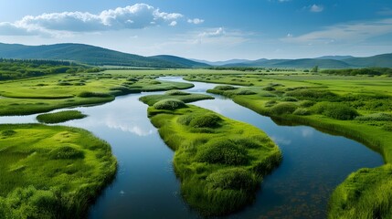 Poster - A green plain with a river that meanders image