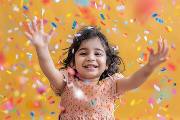 Wall Mural - cute little indian girl enjoying with falling confetti